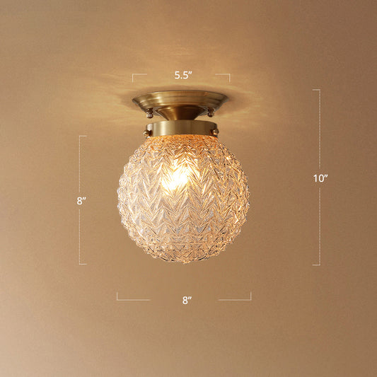 Carved Glass Spherical Flush Mount Farm Style 1 Head Foyer Ceiling Mounted Light in Brass Clearhalo 'Ceiling Lights' 'Close To Ceiling Lights' 'Close to ceiling' 'Semi-flushmount' Lighting' 2311586