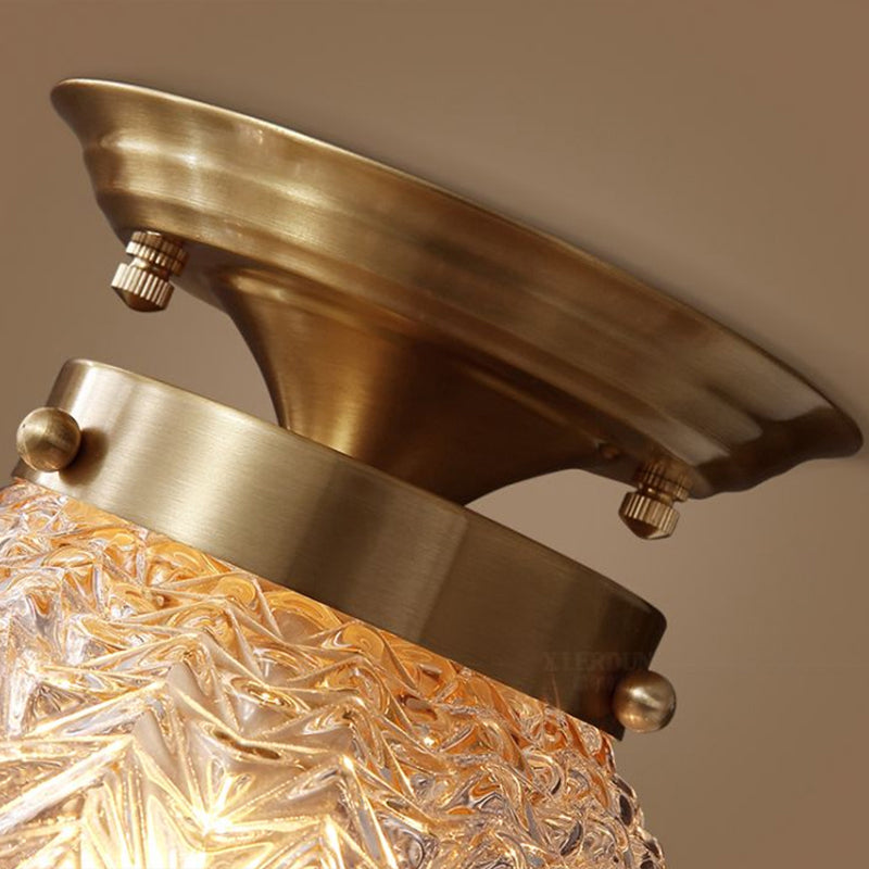 Carved Glass Spherical Flush Mount Farm Style 1 Head Foyer Ceiling Mounted Light in Brass Clearhalo 'Ceiling Lights' 'Close To Ceiling Lights' 'Close to ceiling' 'Semi-flushmount' Lighting' 2311587