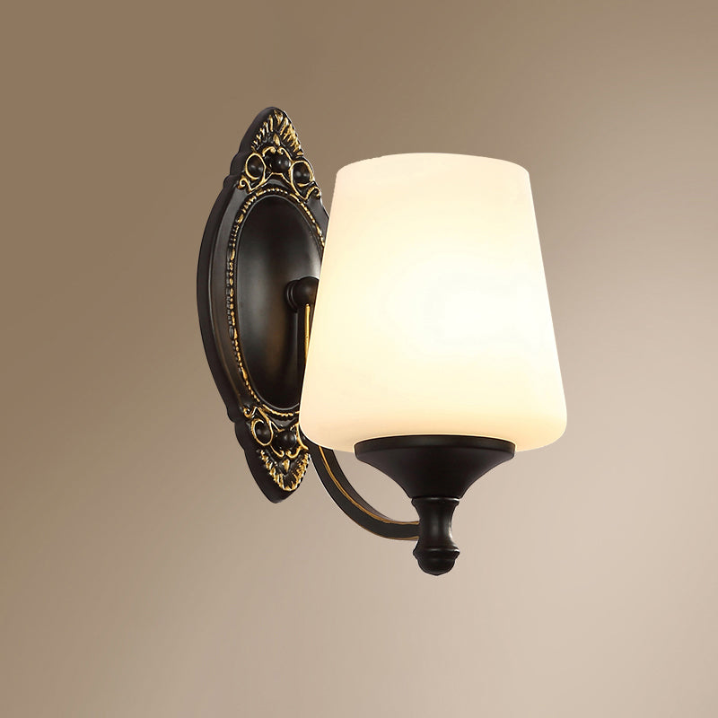 Frosted White Glass Cone Wall Light Vintage Living Room Sconce Lighting in Black 1.0 White Clearhalo 'Wall Lamps & Sconces' 'Wall Lights' Lighting' 2311620