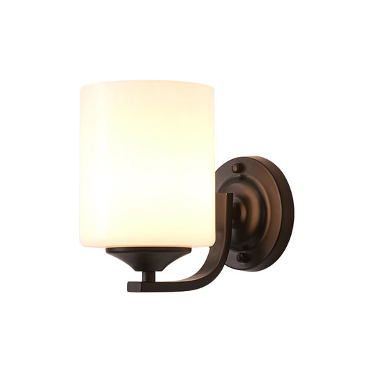 Single-Bulb Wall Sconce Simplicity Cylinder White Glass Wall Light Fixture in Black Clearhalo 'Wall Lamps & Sconces' 'Wall Lights' Lighting' 2311629