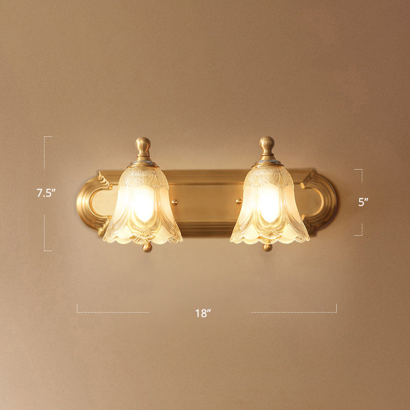 Gold Finish Floral Vanity Lighting Antique Semi-Opaque Glass Bathroom Wall Light Fixture 2.0 Gold Clearhalo 'Vanity Lights' 'Wall Lights' Lighting' 2311639