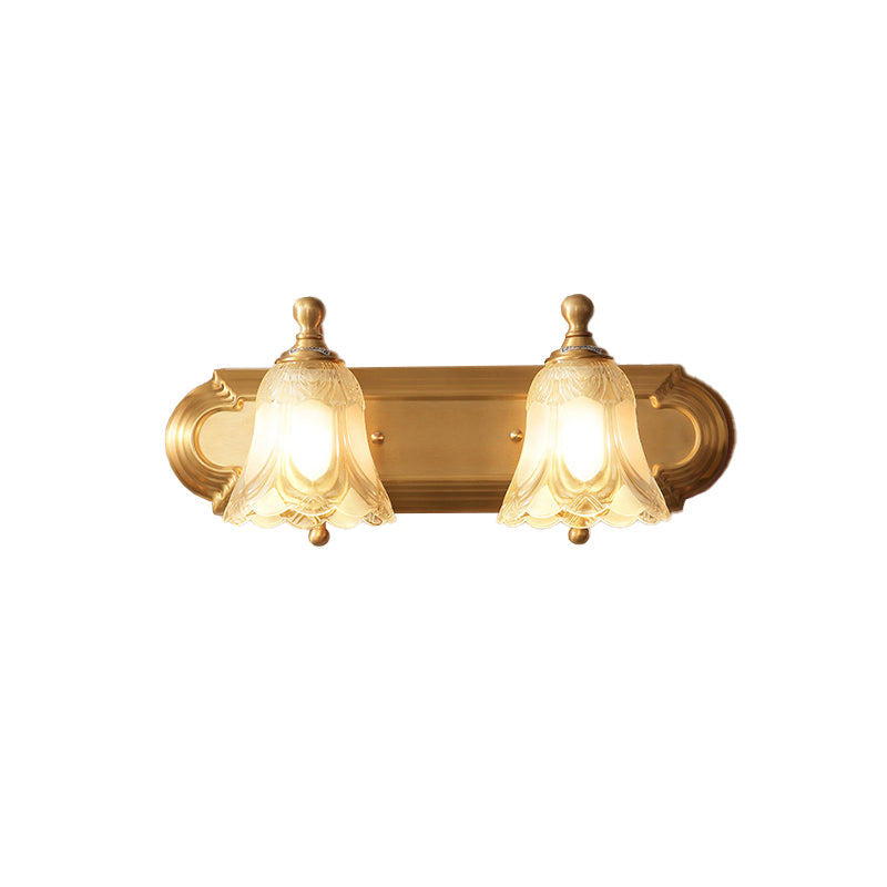 Gold Finish Floral Vanity Lighting Antique Semi-Opaque Glass Bathroom Wall Light Fixture Clearhalo 'Vanity Lights' 'Wall Lights' Lighting' 2311641