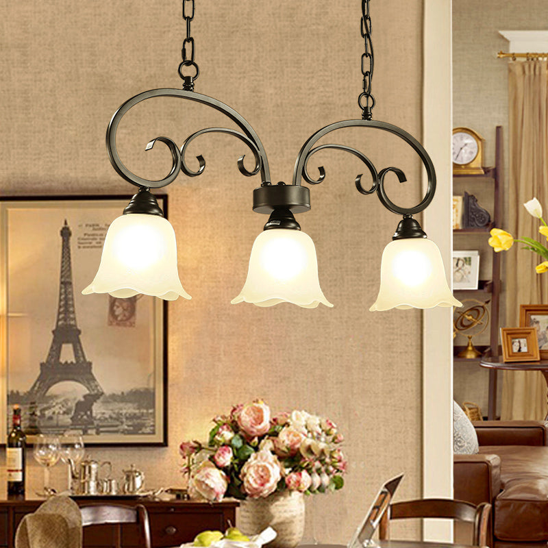 3 Lights Frosted White Glass Island Pendant Rustic Black Floral Swirls Restaurant Hanging Lamp White Clearhalo 'Ceiling Lights' 'Island Lights' Lighting' 2311666