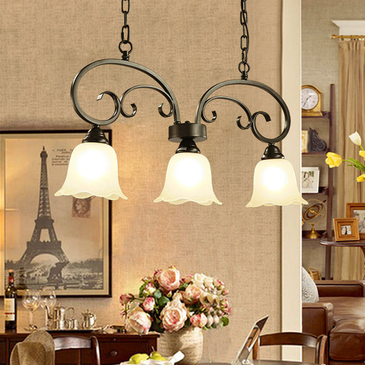 3 Lights Frosted White Glass Island Pendant Rustic Black Floral Swirls Restaurant Hanging Lamp White Clearhalo 'Ceiling Lights' 'Island Lights' Lighting' 2311666