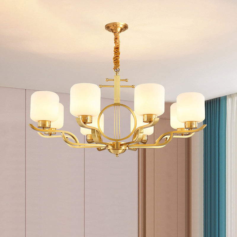 Chandelier Light Traditional Living Room Pendant Light with Cylinder Milk Glass Shade in Brass Clearhalo 'Ceiling Lights' 'Chandeliers' Lighting' options 2311672