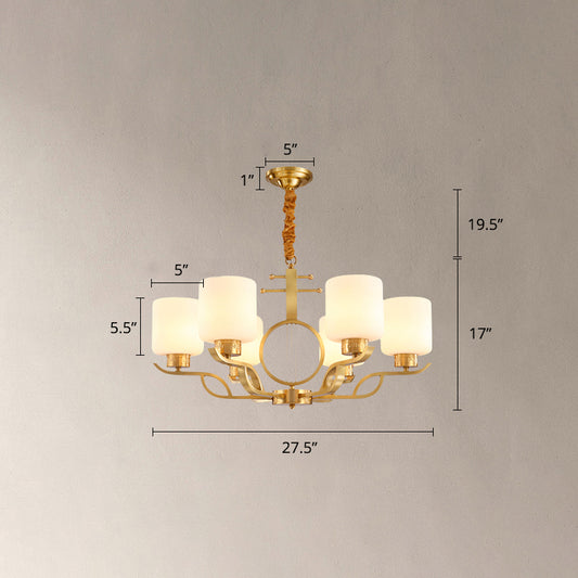 Chandelier Light Traditional Living Room Pendant Light with Cylinder Milk Glass Shade in Brass Clearhalo 'Ceiling Lights' 'Chandeliers' Lighting' options 2311673