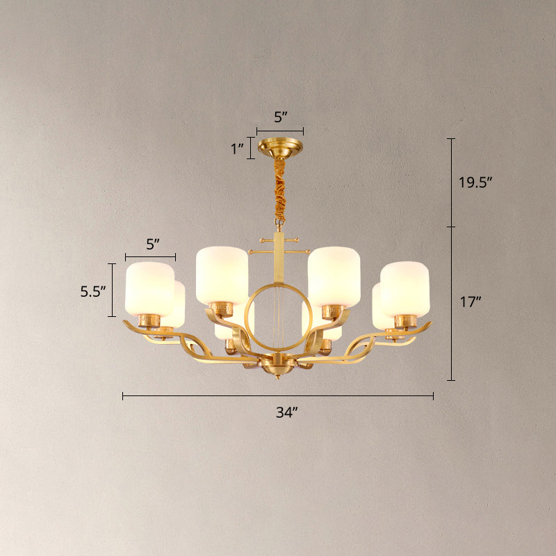 Chandelier Light Traditional Living Room Pendant Light with Cylinder Milk Glass Shade in Brass Clearhalo 'Ceiling Lights' 'Chandeliers' Lighting' options 2311674