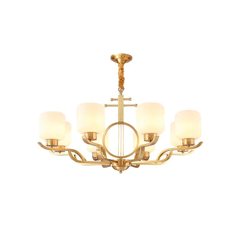 Chandelier Light Traditional Living Room Pendant Light with Cylinder Milk Glass Shade in Brass Clearhalo 'Ceiling Lights' 'Chandeliers' Lighting' options 2311675