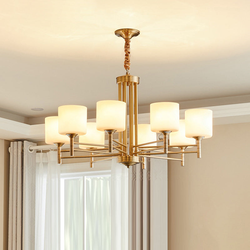 Brass Cylindrical Pendant Lighting Traditional White Glass Living Room Chandelier Lamp Clearhalo 'Ceiling Lights' 'Chandeliers' Lighting' options 2311677