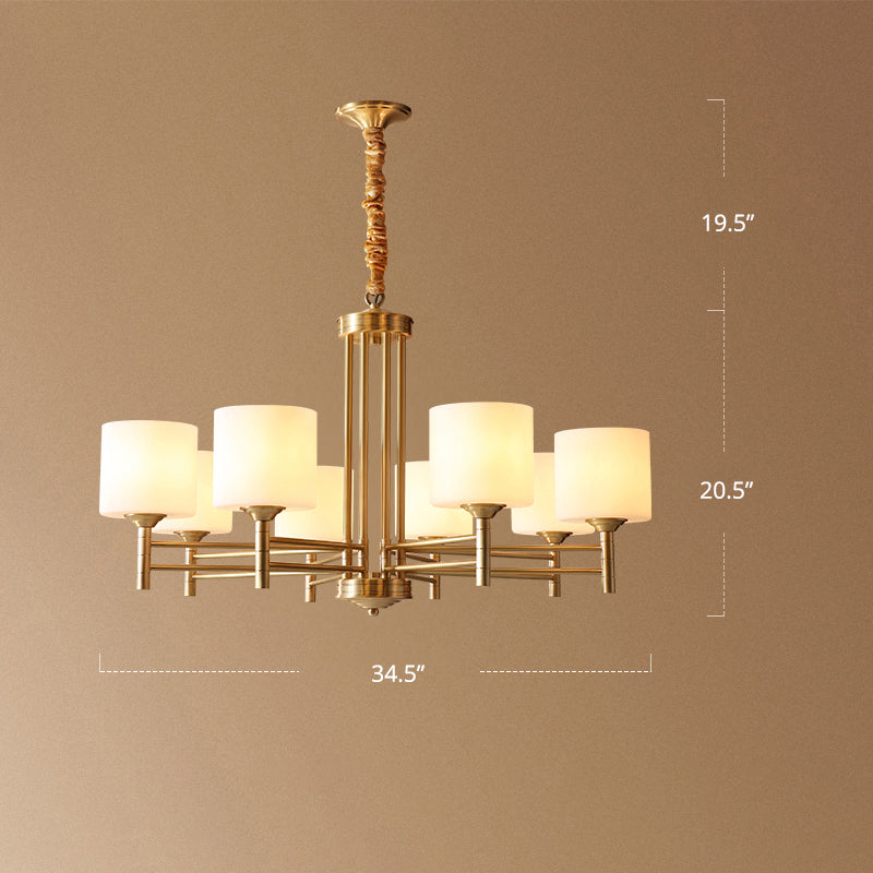 Brass Cylindrical Pendant Lighting Traditional White Glass Living Room Chandelier Lamp Clearhalo 'Ceiling Lights' 'Chandeliers' Lighting' options 2311680