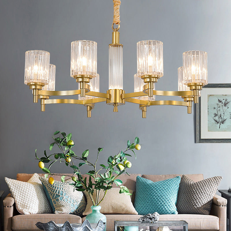 Prismatic Crystal Glass Brass Chandelier Cylindrical Minimalistic Suspension Light Fixture for Restaurant Clearhalo 'Ceiling Lights' 'Chandeliers' Lighting' options 2311687