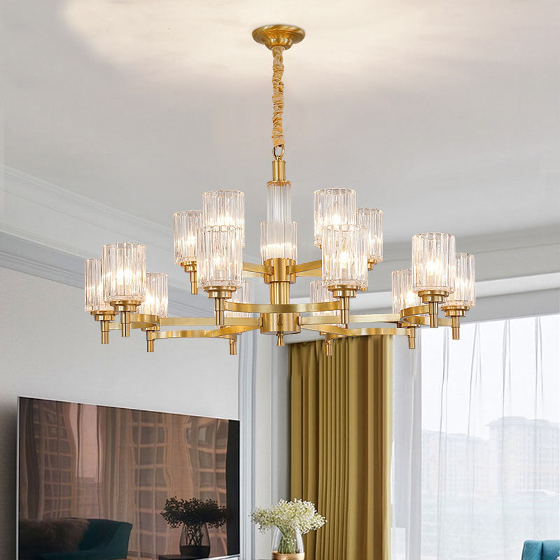 Prismatic Crystal Glass Brass Chandelier Cylindrical Minimalistic Suspension Light Fixture for Restaurant Clearhalo 'Ceiling Lights' 'Chandeliers' Lighting' options 2311689