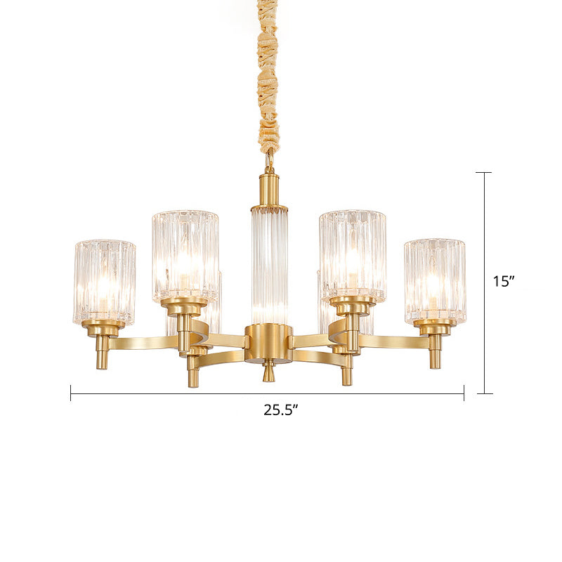 Prismatic Crystal Glass Brass Chandelier Cylindrical Minimalistic Suspension Light Fixture for Restaurant 6 Brass Clearhalo 'Ceiling Lights' 'Chandeliers' Lighting' options 2311694_44ea642b-806d-415f-9794-a4c85cb33ad2