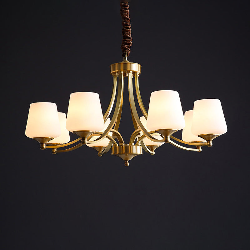 Traditional Tapered Hanging Ceiling Light Opaline Glass Chandelier Lighting in Brass 8 Brass Clearhalo 'Ceiling Lights' 'Chandeliers' Lighting' options 2311700_5d5a3b0d-2bf0-4620-a0e3-208943aa4361