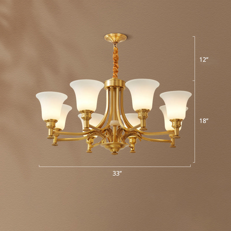 Flare Up Chandelier Traditional Frosted White Glass Hanging Light Fixture for Living Room 8 Brass Clearhalo 'Ceiling Lights' 'Chandeliers' Lighting' options 2311707_0f8619db-51b5-4e45-a7e2-43cfcc15ae94