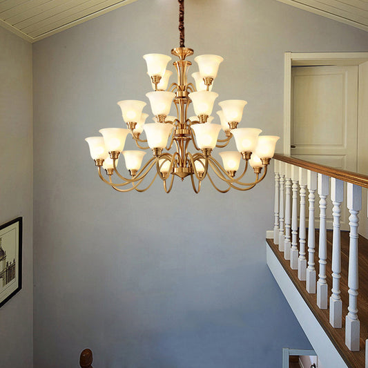 Flared Stairs Ceiling Chandelier Antique Frosted Glass Brass Pendant Lighting Fixture Clearhalo 'Ceiling Lights' 'Chandeliers' Lighting' options 2311711