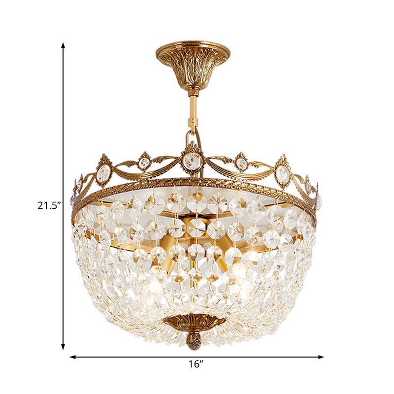 Traditional Bowl Hanging Chandelier Crystal 4 Bulbs Suspension Light in Brass for Hallway Clearhalo 'Ceiling Lights' 'Chandeliers' Lighting' options 231175