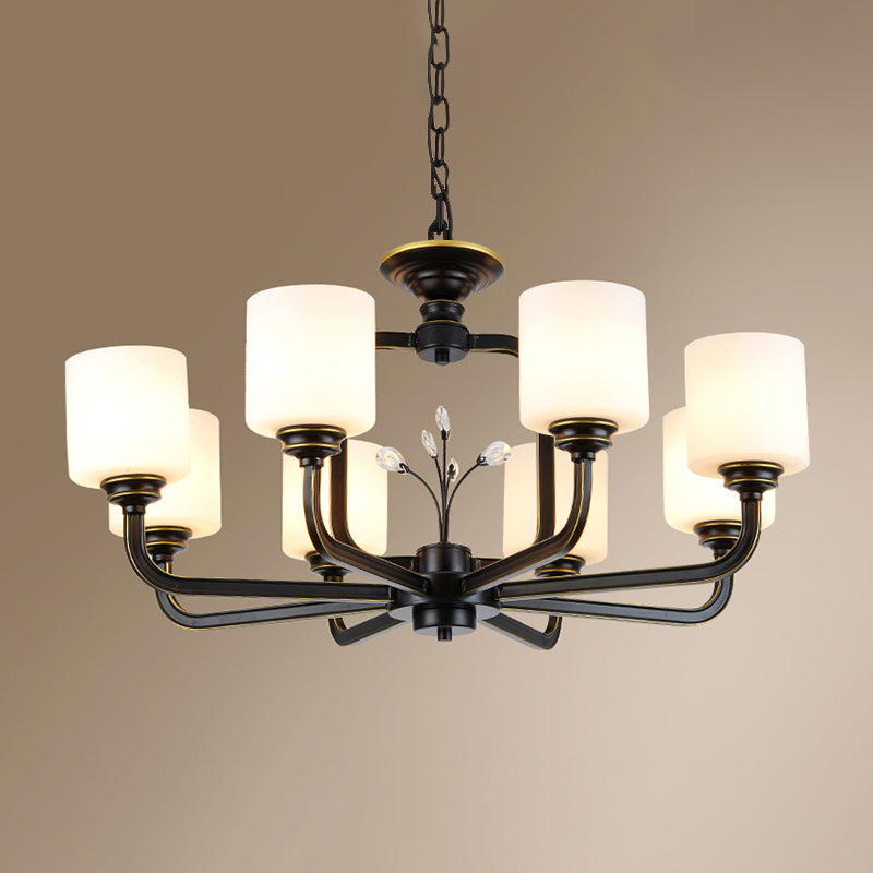 Cylinder Living Room Hanging Pendant Light Vintage Style Milky Glass Chandelier Lamp 8 Black Clearhalo 'Ceiling Lights' 'Chandeliers' Lighting' options 2311766_efffebd7-d17d-4d67-a415-353cb1a1285c