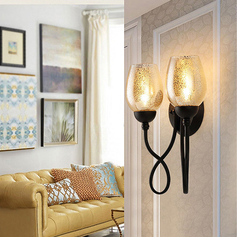 1/2-Bulb Hand-Blown Glass Wall Light Traditional Black Bowl Shade Dining Room Sconce Light Clearhalo 'Wall Lamps & Sconces' 'Wall Lights' Lighting' 231178