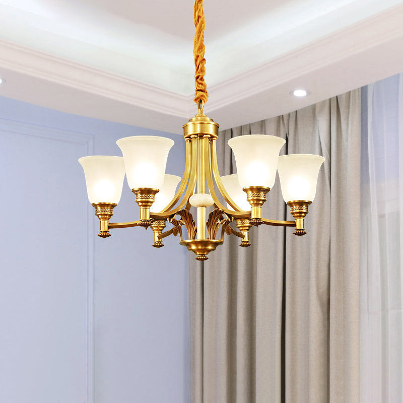 Brass Flared Up Chandelier Antique Style Opaline Glass Bedroom Suspended Lighting Fixture Clearhalo 'Ceiling Lights' 'Chandeliers' Lighting' options 2311790