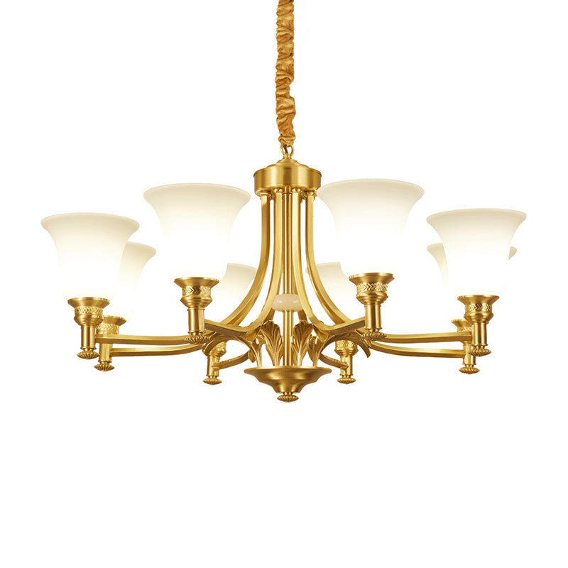 Brass Flared Up Chandelier Antique Style Opaline Glass Bedroom Suspended Lighting Fixture Clearhalo 'Ceiling Lights' 'Chandeliers' Lighting' options 2311791