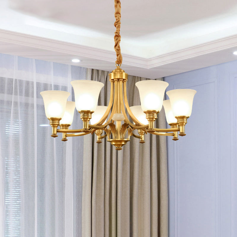 Brass Flared Up Chandelier Antique Style Opaline Glass Bedroom Suspended Lighting Fixture Clearhalo 'Ceiling Lights' 'Chandeliers' Lighting' options 2311792