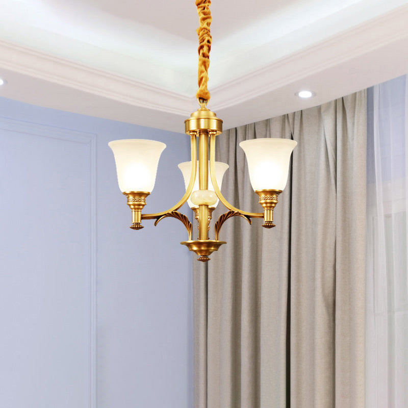 Brass Flared Up Chandelier Antique Style Opaline Glass Bedroom Suspended Lighting Fixture 3 Brass Clearhalo 'Ceiling Lights' 'Chandeliers' Lighting' options 2311793_27de2ef9-e252-4718-8122-f69b773f0d77