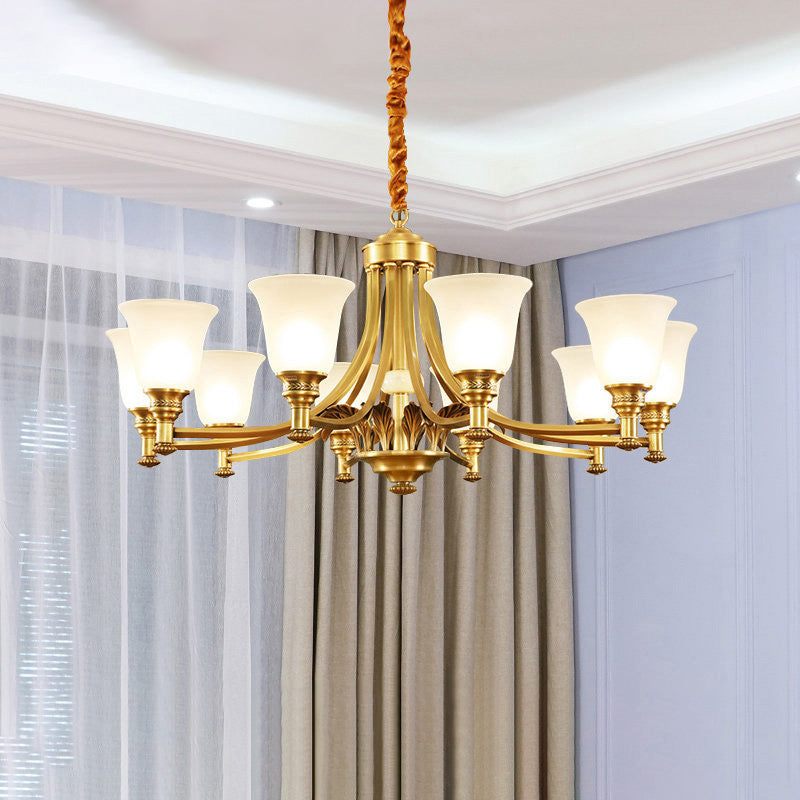 Brass Flared Up Chandelier Antique Style Opaline Glass Bedroom Suspended Lighting Fixture 10 Brass Clearhalo 'Ceiling Lights' 'Chandeliers' Lighting' options 2311794_d479bb40-e0d4-4236-8f51-f9f7478037c6