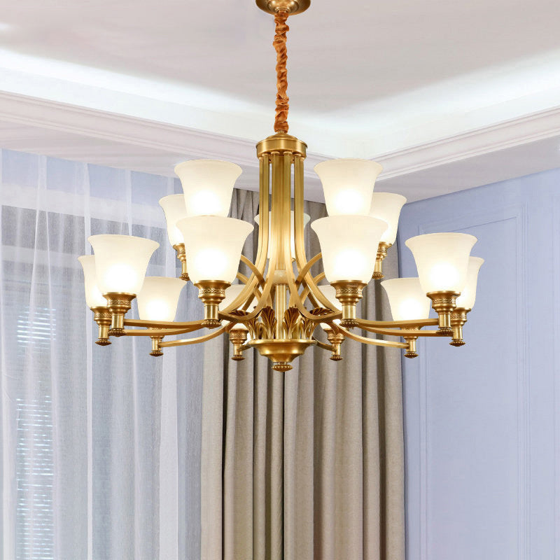 Brass Flared Up Chandelier Antique Style Opaline Glass Bedroom Suspended Lighting Fixture Clearhalo 'Ceiling Lights' 'Chandeliers' Lighting' options 2311795