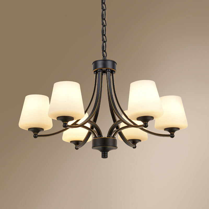 Cone Shade Milk Glass Chandelier Lamp Traditional Dining Room Ceiling Hang Light 6 Black Clearhalo 'Ceiling Lights' 'Chandeliers' Lighting' options 2311798_10abf7bf-b857-4a64-9d6b-28ee72f0bca0