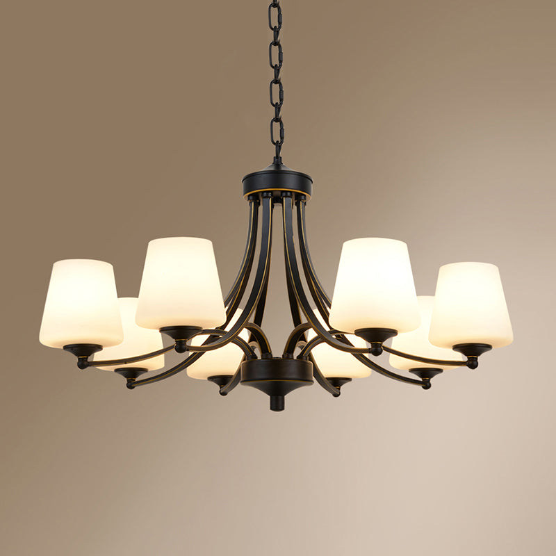 Cone Shade Milk Glass Chandelier Lamp Traditional Dining Room Ceiling Hang Light 8 Black Clearhalo 'Ceiling Lights' 'Chandeliers' Lighting' options 2311801_e977dce5-ba55-43b0-9dfa-084b14771e2a