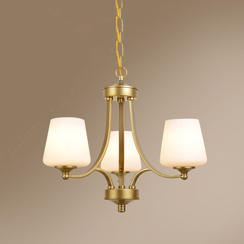 Cone Shade Milk Glass Chandelier Lamp Traditional Dining Room Ceiling Hang Light 3 Gold Clearhalo 'Ceiling Lights' 'Chandeliers' Lighting' options 2311802_0bf4e79c-1c6e-495b-a9f5-b77f2576c9f0