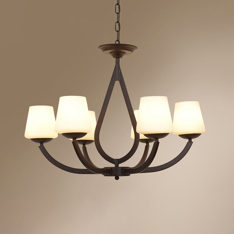 Metal Black Finish Chandelier Swoop Arm Vintage Pendant Light with Conical Milk Glass Shade 6 Black Clearhalo 'Ceiling Lights' 'Chandeliers' Lighting' options 2311820_364dd924-da9d-46a5-99f8-473201661c51