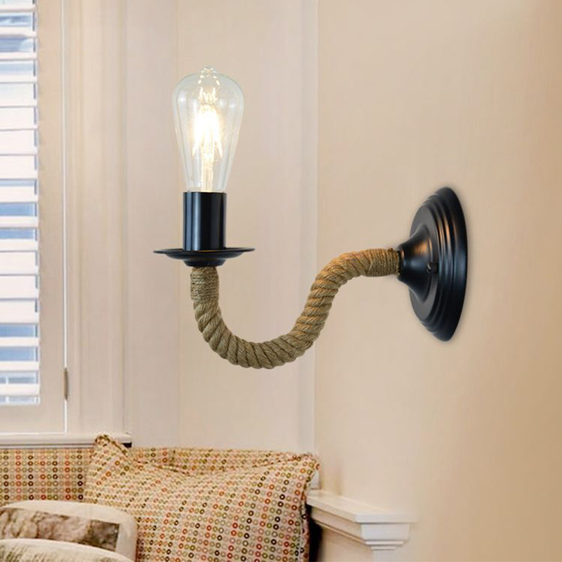 Traditional Bare Bulb Sconce Light Fixture 1-Light Metal Wall Mounted Light with Rope-Wrapped Arm in Black Black Clearhalo 'Wall Lamps & Sconces' 'Wall Lights' Lighting' 231197