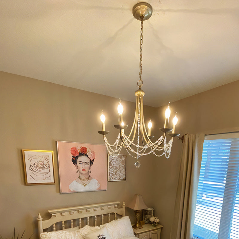 Candle Style Bedroom Chandelier Countryside Metal 6-Light Suspension Lighting with Crystal Deco Clearhalo 'Ceiling Lights' 'Chandeliers' Lighting' options 2312011