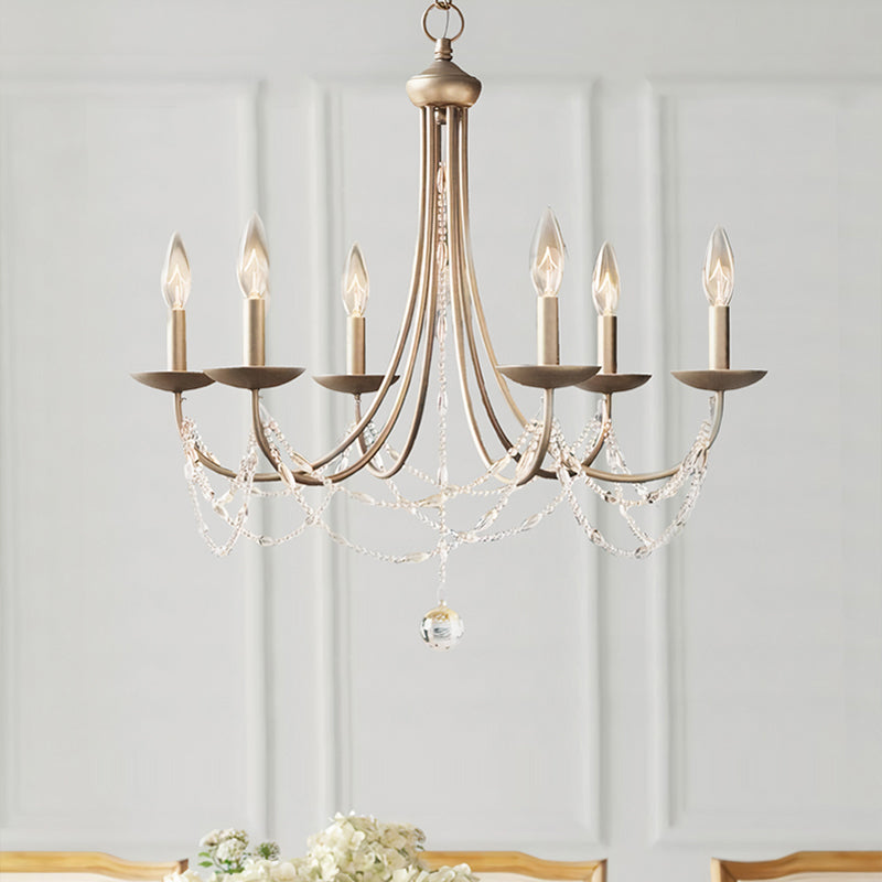 Candle Style Bedroom Chandelier Countryside Metal 6-Light Suspension Lighting with Crystal Deco Clearhalo 'Ceiling Lights' 'Chandeliers' Lighting' options 2312012