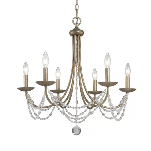 Candle Style Bedroom Chandelier Countryside Metal 6-Light Suspension Lighting with Crystal Deco Clearhalo 'Ceiling Lights' 'Chandeliers' Lighting' options 2312015