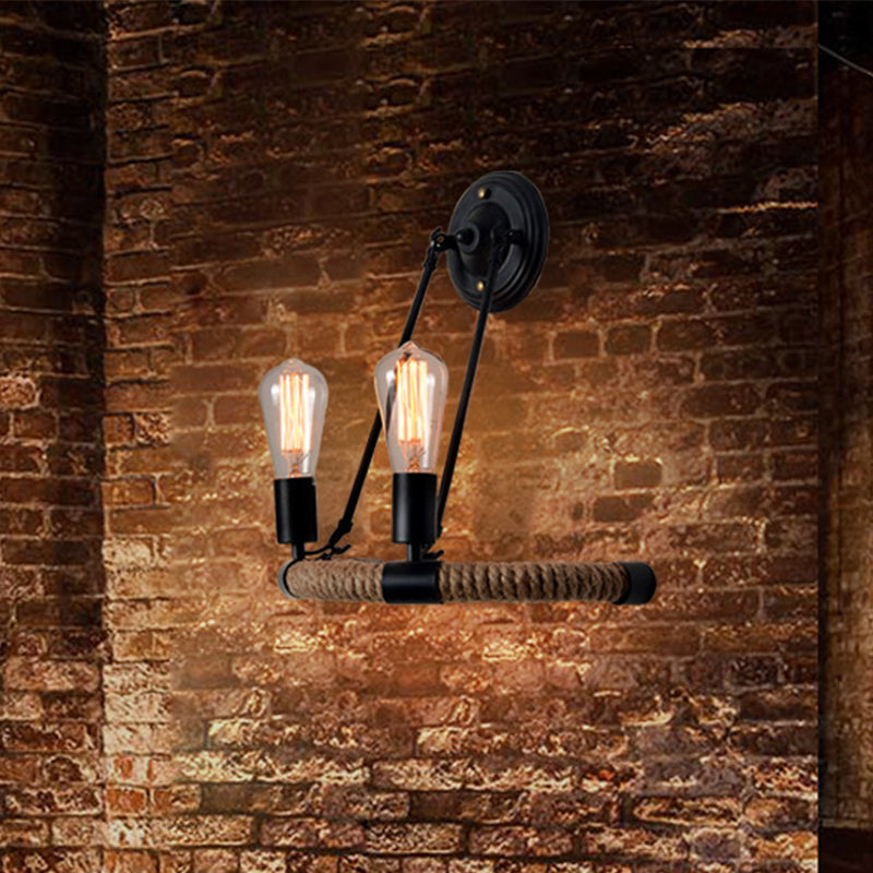 Expose Bulb Metal Wall Light Vintage 2-Light Porch Wall Sconce Lighting with Rope-Woven Arm in Black Clearhalo 'Wall Lamps & Sconces' 'Wall Lights' Lighting' 231210