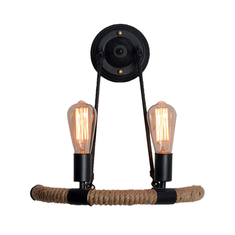 Expose Bulb Metal Wall Light Vintage 2-Light Porch Wall Sconce Lighting with Rope-Woven Arm in Black Clearhalo 'Wall Lamps & Sconces' 'Wall Lights' Lighting' 231211