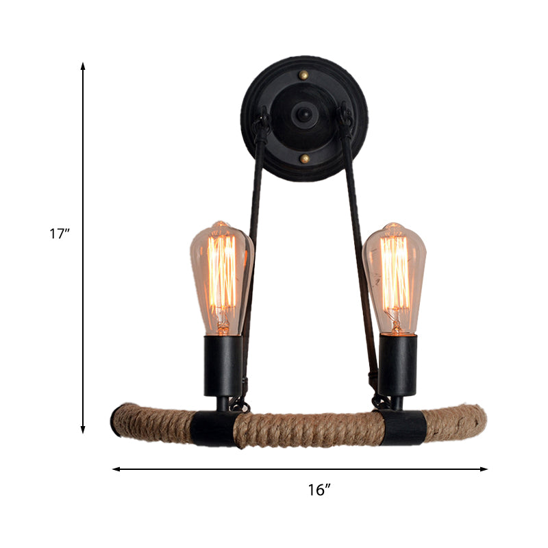 Expose Bulb Metal Wall Light Vintage 2-Light Porch Wall Sconce Lighting with Rope-Woven Arm in Black Clearhalo 'Wall Lamps & Sconces' 'Wall Lights' Lighting' 231212