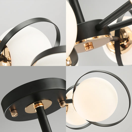 Ball White Glass Chandelier Lighting with Radial Design Modernist 3/6 Lights Black Hanging Ceiling Lamp Fixture Clearhalo 'Ceiling Lights' 'Chandeliers' 'Close To Ceiling Lights' 'Close to ceiling' 'Glass shade' 'Glass' 'Semi-flushmount' Lighting' 231236