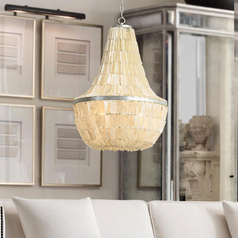 Modernism Gourd Empire Chandelier Shell 3 Heads Hanging Light Fixture in Beige for Bedroom Beige Clearhalo 'Ceiling Lights' 'Chandeliers' Lighting' options 231245_a04eae3e-faa4-495b-968f-43bb49b3ef04