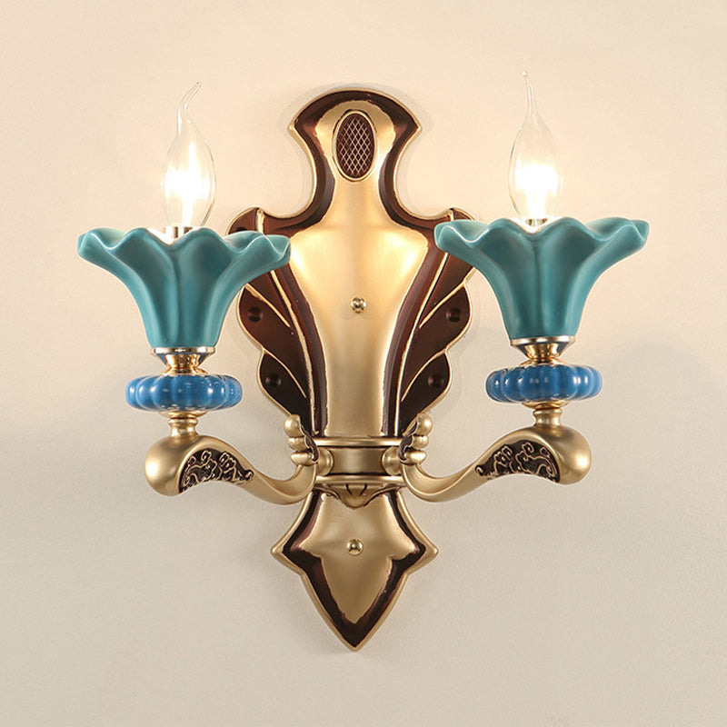 Blue Candelabra Wall Sconce Classical Metal 1/2 Lights Living Room Sconce Light with Porcelain Flower Shade Clearhalo 'Wall Lamps & Sconces' 'Wall Lights' Lighting' 231261