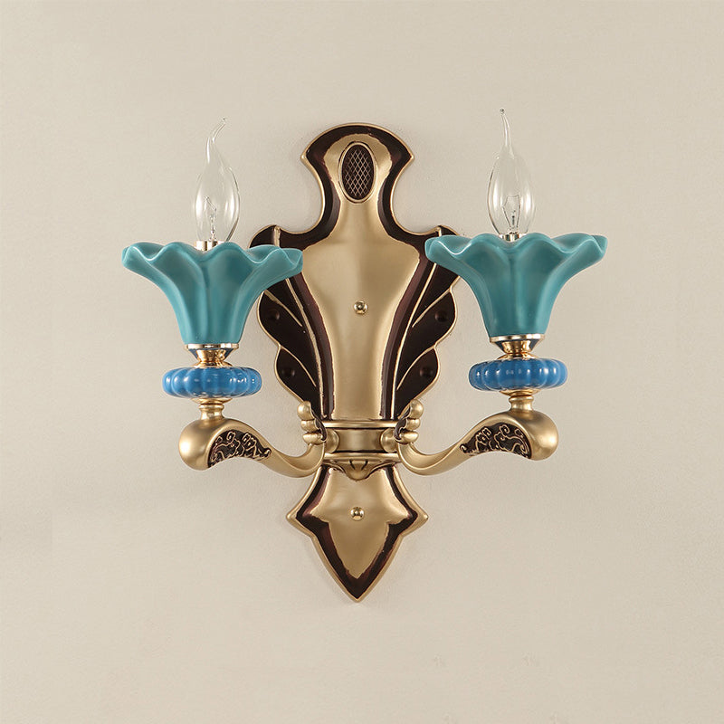 Blue Candelabra Wall Sconce Classical Metal 1/2 Lights Living Room Sconce Light with Porcelain Flower Shade Clearhalo 'Wall Lamps & Sconces' 'Wall Lights' Lighting' 231262