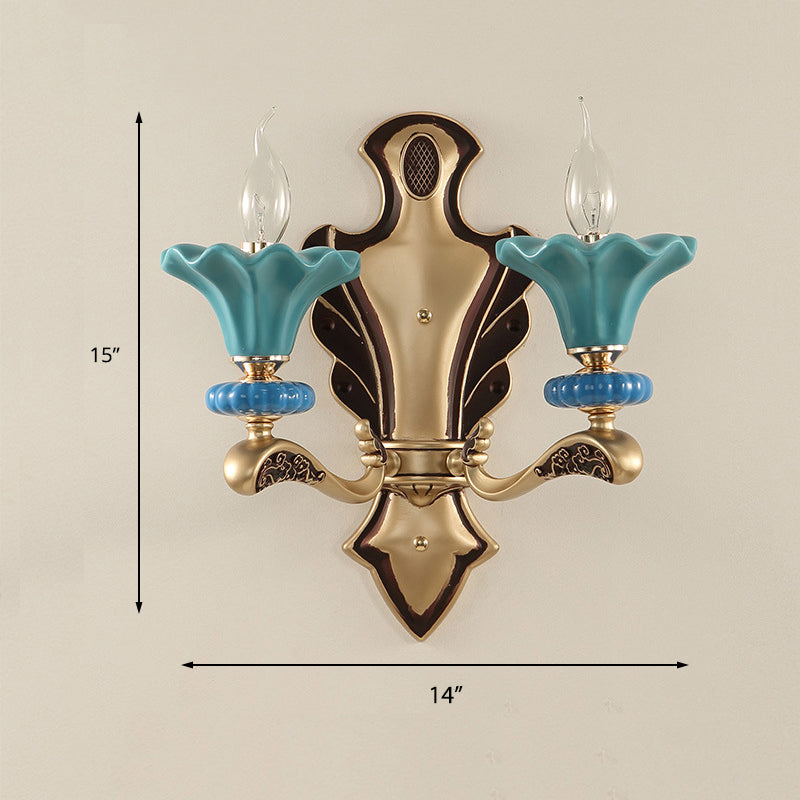 Blue Candelabra Wall Sconce Classical Metal 1/2 Lights Living Room Sconce Light with Porcelain Flower Shade Clearhalo 'Wall Lamps & Sconces' 'Wall Lights' Lighting' 231263