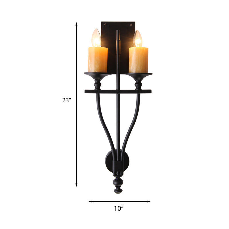 Candle Study Wall Light Sconce Vintage Style Metal 2-Light Yellow/White Wall Lamp with Marble Shade Clearhalo 'Wall Lamps & Sconces' 'Wall Lights' Lighting' 231271