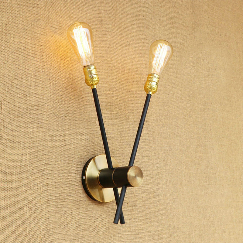 Black-Gold 2/3-Light Sconce Light Traditional Wrought Iron Exposed Bulb Wall Lamp for Bedroom Clearhalo 'Wall Lamps & Sconces' 'Wall Lights' Lighting' 231310