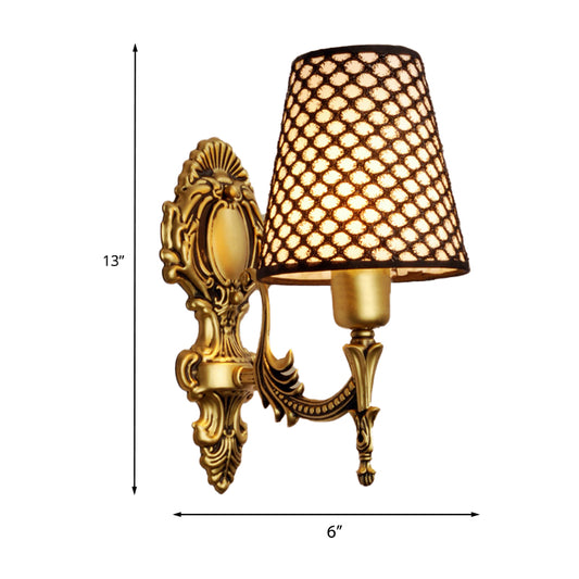 Gold Cone Wall Mount Light Traditional Metal 1/2-Light Living Room Carved Sconce Light with Lattice Fabric Shade Clearhalo 'Wall Lamps & Sconces' 'Wall Lights' Lighting' 231325