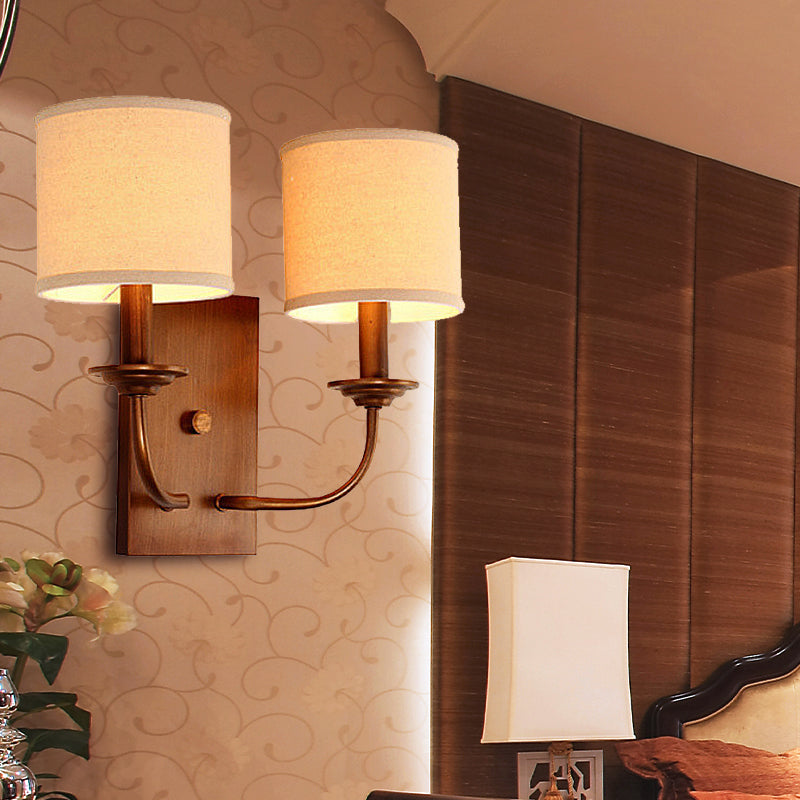 Fabric Shade Cylindrical Wall Lamp Vintage Style 1/2-Light Bedroom Wall Light Sconce in Flaxen Clearhalo 'Wall Lamps & Sconces' 'Wall Lights' Lighting' 231447