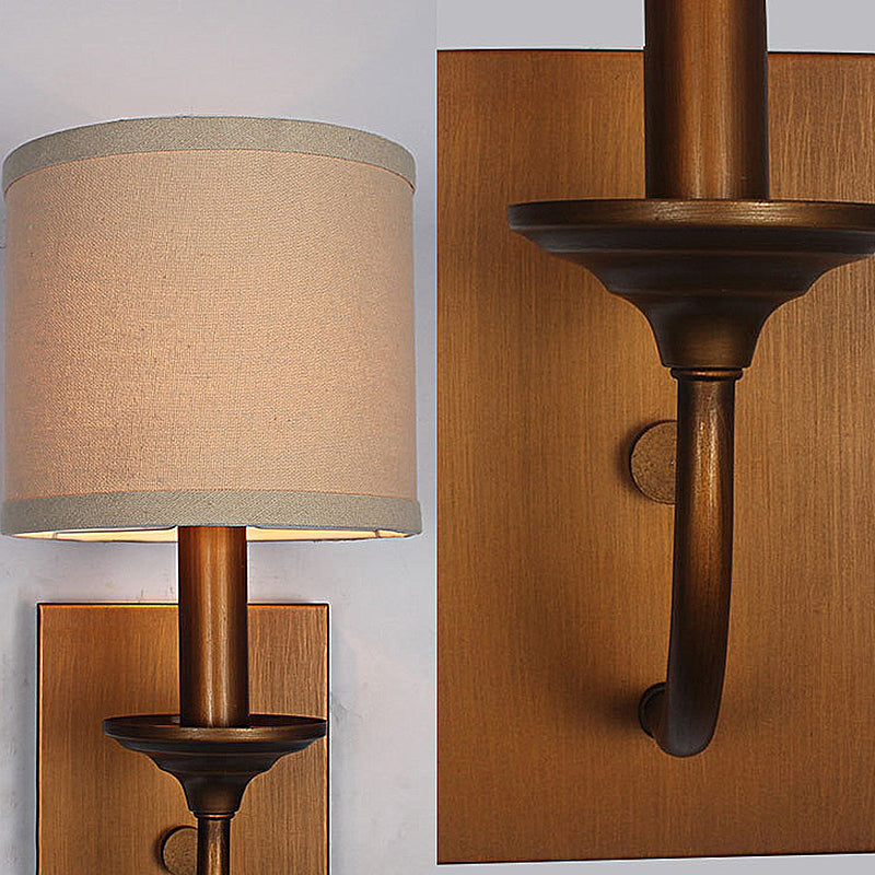 Fabric Shade Cylindrical Wall Lamp Vintage Style 1/2-Light Bedroom Wall Light Sconce in Flaxen Clearhalo 'Wall Lamps & Sconces' 'Wall Lights' Lighting' 231455